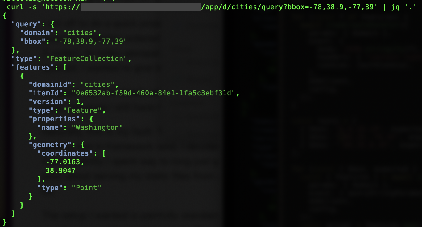 Screenshot of terminal with a curl command that fetches a bounding box around washington DC